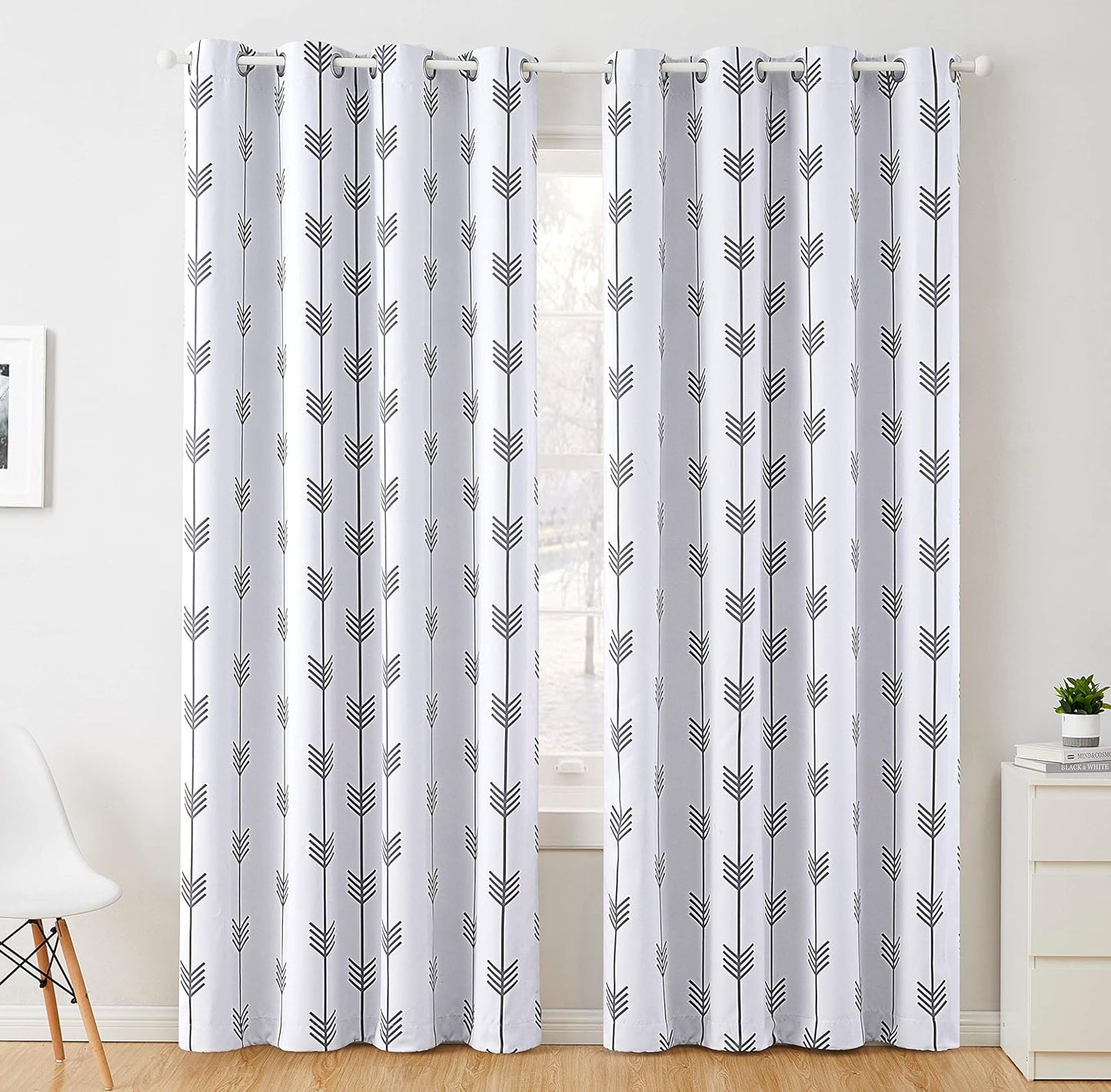 Arrow Printed Privacy Blackout Energy Efficient Room Darkening Thermal Grommet Window Curtain Drape Panels for Kids Bedroom - Set of 2 - Platinum White/Grey - 84" inch Long