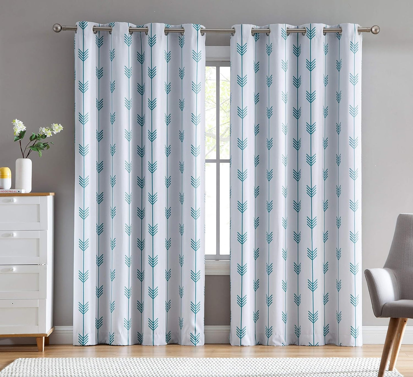 Arrow Printed Privacy Blackout Energy Efficient Room Darkening Thermal Grommet Window Curtain Drape Panels for Kids Bedroom - Set of 2 - Platinum White/Grey - 84" inch Long