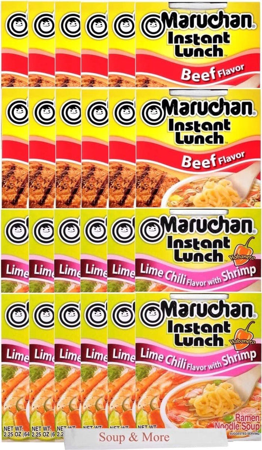 Maruchan Ramen Instant Cup Noodles 24 Count - 12 Beef Flavor & 12 Lime Chili Shrimp Flavor Lunch / Dinner Variety, 2 Flavors