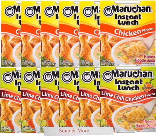 Maruchan Ramen Instant Cup Noodles 12 Count - 6 Chicken Flavor & 6 Lime Chili Chicken Flavor Lunch / Dinner Variety, 2 Flavors