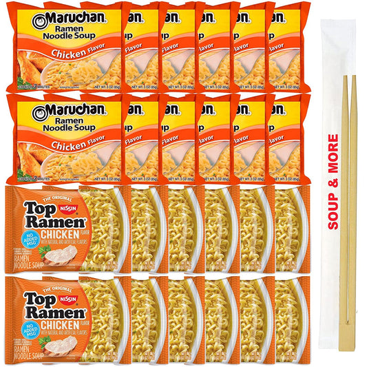 Maruchan Ramen Instant Chicken Soup 12 Noodles Packs & 12 Nissin Packs Chicken Noodles Flavor Lunch / Dinner Variety, 24 Count, 2 Flavors