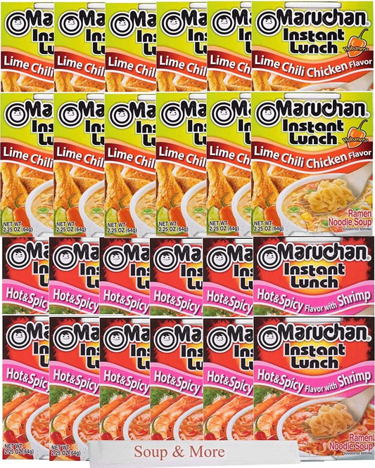 Maruchan Ramen Instant Cup Noodles 24 Count - 12 Hot & Spicy Shrimp Flavor & 12 Lime Chili Chicken Flavor Lunch / Dinner Variety, 2 Flavors