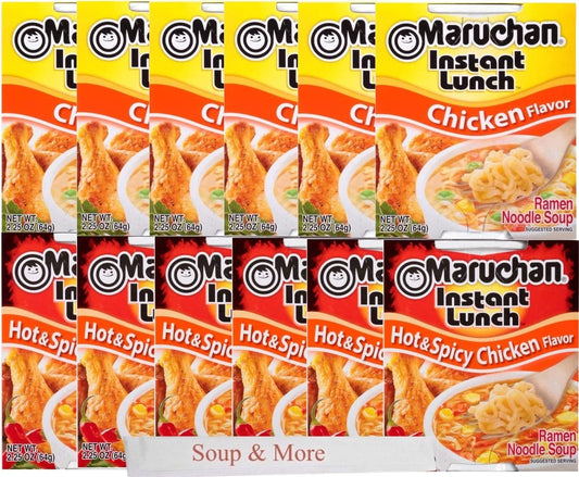 Maruchan Ramen Instant Cup Noodles 12 Count - 6 Chicken Flavor & 6 Hot & Spicy Chicken Flavor Lunch / Dinner Variety, 2 Flavors