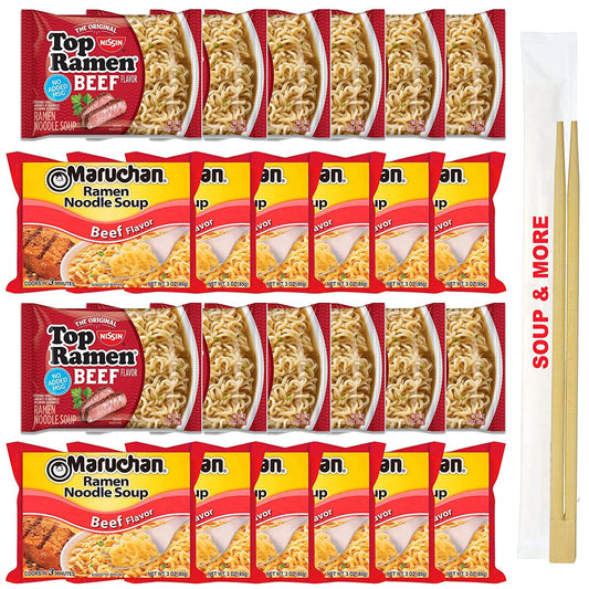 Maruchan Ramen Instant Beef Flavor Soup 12 Noodles Packs & 12 Nissin Packs Beef Noodles Flavor Lunch / Dinner Variety, 24 Count, 2 Flavors