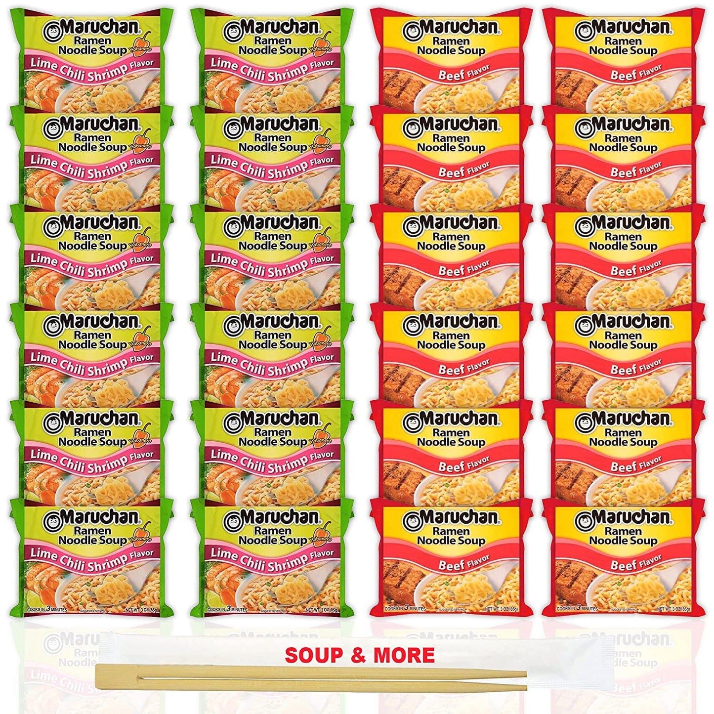 Maruchan Ramen Instant Noodle Soup Variety, 2 Flavors - 12 Packs Lime Chili Shrimp & 12 Packs Beef , 3 Ounce Single Servings Lunch / Dinner Variety