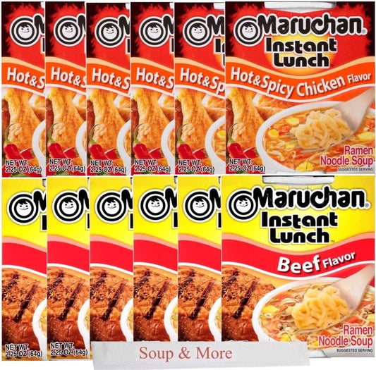Maruchan Ramen Instant Cup Noodles 12 Count - 6 Beef Flavor & 6 Hot & Spicy Chicken Flavor Lunch / Dinner Variety, 2 Flavors