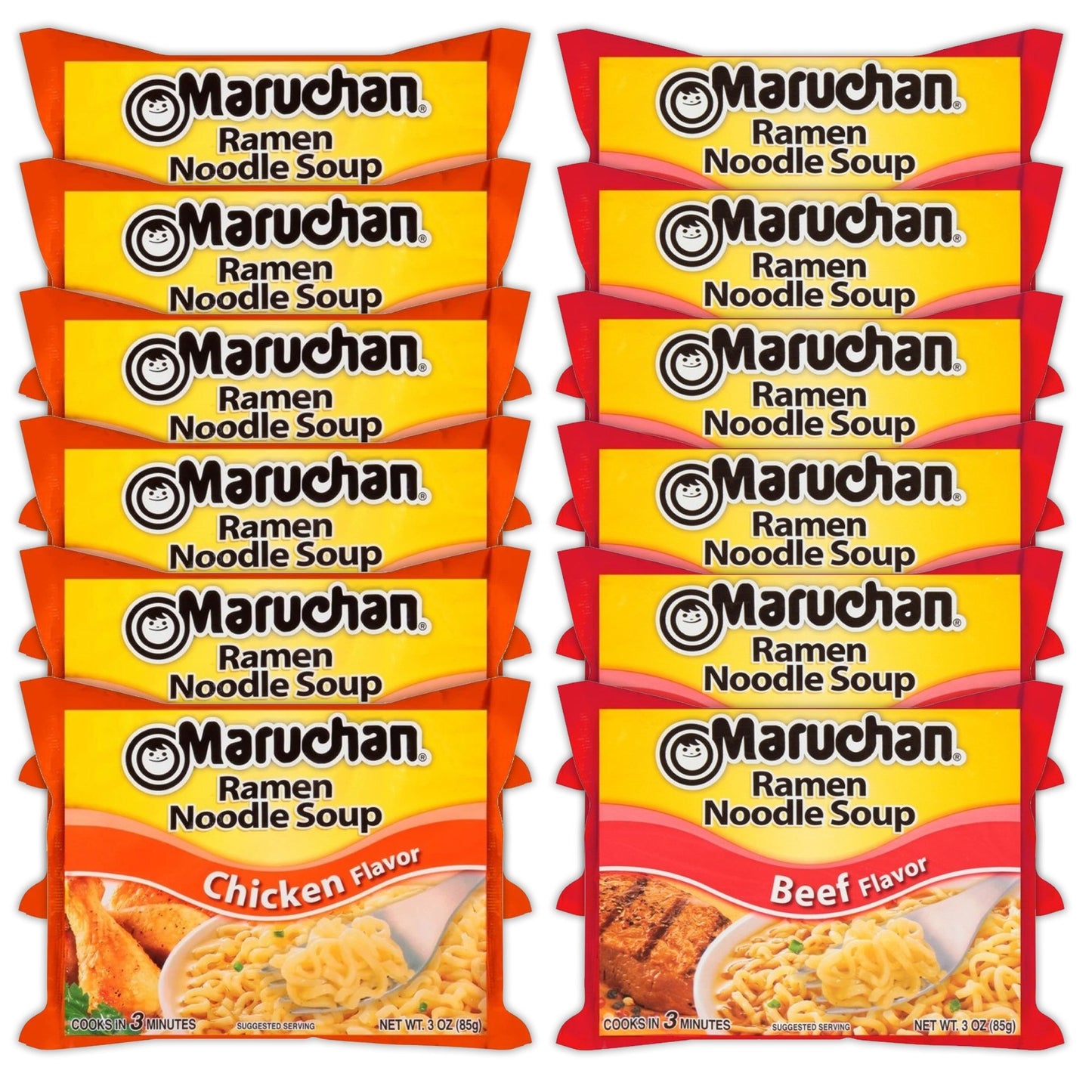 Maruchan Ramen Instant Noodle Soup Variety, 2 Flavors - 6 Packs Chicken & 6 Packs Beef , 3 Ounce Single Servings Lunch / Dinner Variety