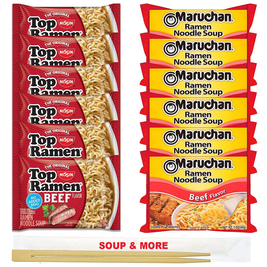 Maruchan Ramen Instant Beef Flavor Soup 6 Noodles Packs & 6 Nissin Packs Beef Noodles Flavor Lunch / Dinner Variety, 12 Count, 2 Flavors