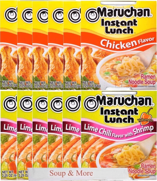 Maruchan Ramen Instant Cup Noodles 12 Count - 6 Chicken Flavor & 6 Lime Chili Shrimp Flavor Lunch / Dinner Variety, 2 Flavors