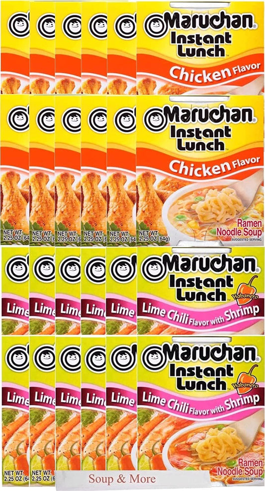 Maruchan Ramen Instant Cup Noodles 24 Count - 12 Chicken Flavor & 12 Lime Chili Shrimp Flavor Lunch / Dinner Variety, 2 Flavors