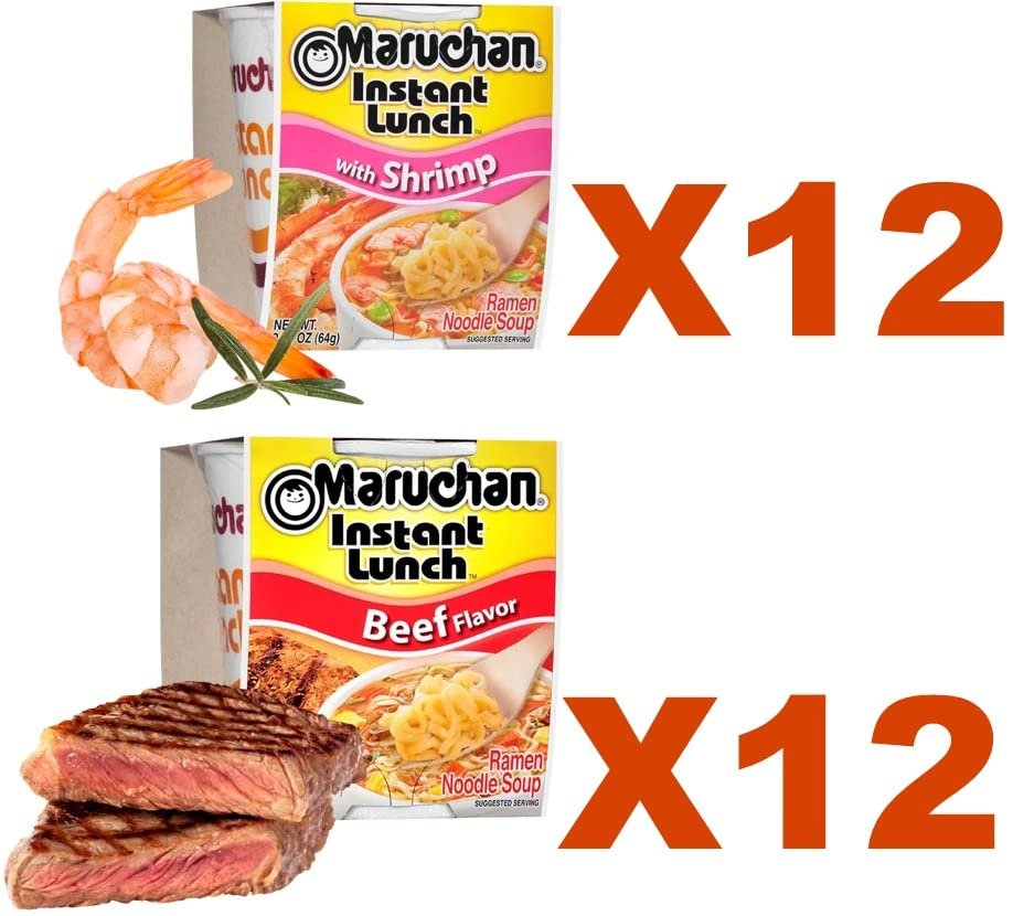 Maruchan Ramen Cup Noodles Instant 24 Count - 12 Beef cups & 12 Shrimp cups Lunch / Dinner Variety, 2 Flavors