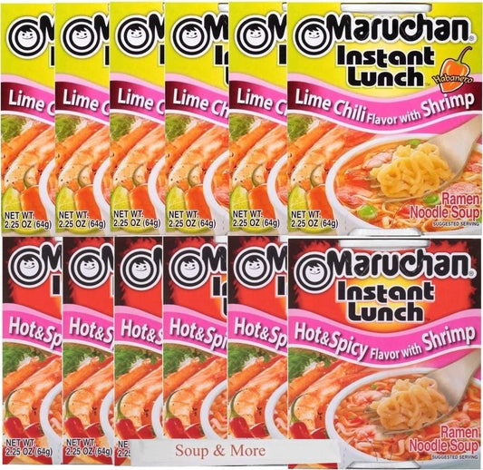 Maruchan Ramen Instant Cup Noodles 12 Count - 6 Hot & Spicy Shrimp Flavor & 6 Lime Chili Shrimp Flavor Lunch / Dinner Variety, 2 Flavors