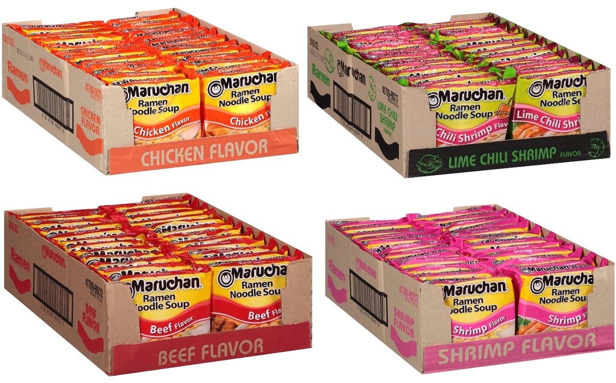 Maruchan Ramen Instant Soup Noodles Mix Variety 4 Flavor Packs 96 Count - 24 Chicken , 24 Lime Chili Shrimp , 24 Beef , 24 Shrimp Pack Lunch / Dinner Variety