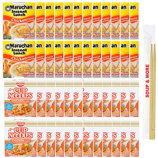Maruchan Ramen Instant Chicken Soup 24 Noodles Cups & 24 Nissin cup Chicken Noodles Flavor Lunch / Dinner Variety, 48 Count, 2 Flavors