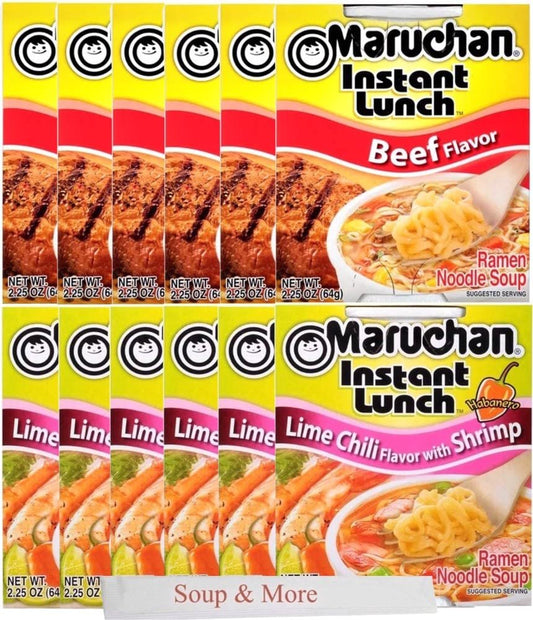 Maruchan Ramen Instant Cup Noodles 12 Count - 6 Beef Flavor & 6 Lime Chili Shrimp Flavor Lunch / Dinner Variety, 2 Flavors