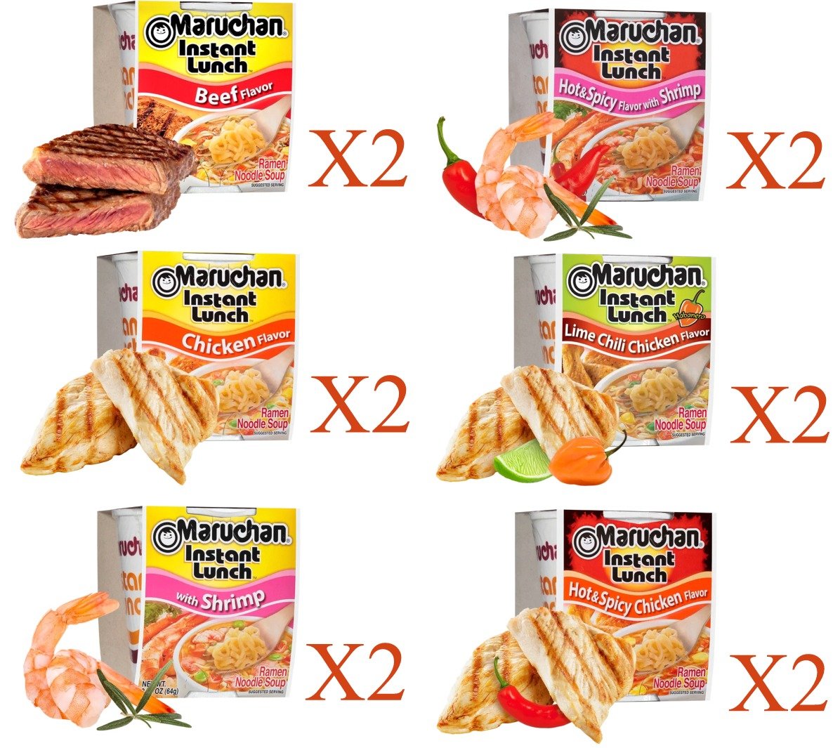 Maruchan Ramen Cup Noodles Instant 12 Count - 2 Beef, 2 Chicken, 2 Shrimp, 2 Hot & Spicy Shrimp, 2 Hot & Spicy chicken & 2 Lime Chili Chicken Lunch / Dinner Variety, 6 Flavors