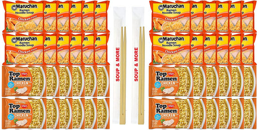 Maruchan Ramen Instant Chicken Soup 24 Noodles Packs & 24 Nissin Packs Chicken Noodles Flavor Lunch / Dinner Variety, 48 Count, 2 Flavors
