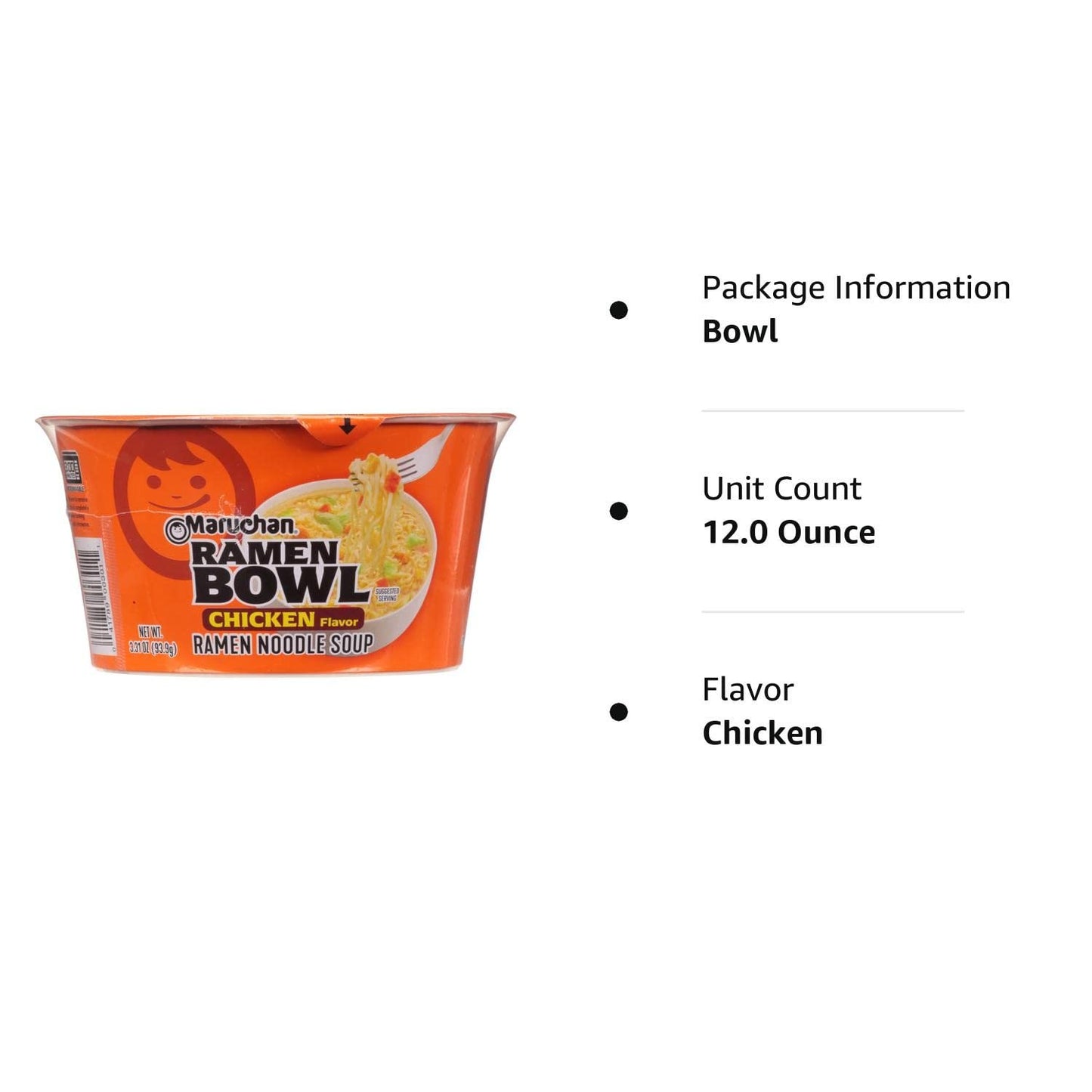 Maruchan Bowl Chicken Flavor Ramen Noodles with Vegetables 3.31 OZ (Pack of 12)