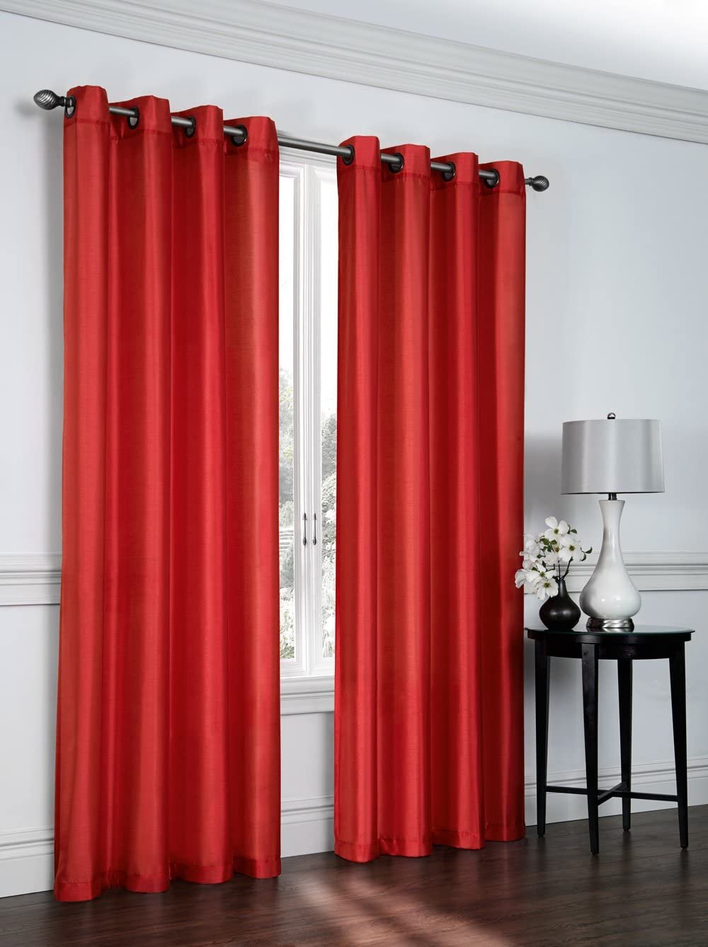 Ruthy's Textile 2 - Piece Semi Sheer Faux Silk Grommet Curtains Window Panels for Home Living Room/Bedroom - 54" by 84" Inch Long - Red
