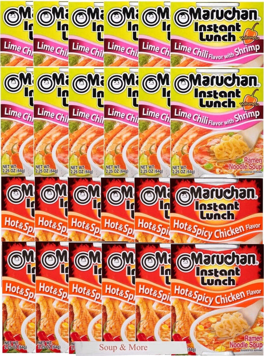 Maruchan Ramen Instant Cup Noodles 24 Count - 12 Hot & Spicy Chicken Flavor & 12 Lime Chili Shrimp Flavor Lunch / Dinner Variety, 2 Flavors