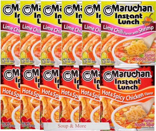 Maruchan Ramen Instant Cup Noodles 12 Count - 6 Hot & Spicy Chicken Flavor & 6 Lime Chili Shrimp Flavor Lunch / Dinner Variety, 2 Flavors