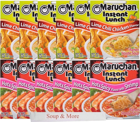 Maruchan Ramen Instant Cup Noodles 12 Count - 6 Hot & Spicy Shrimp Flavor & 6 Lime Chili Chicken Flavor Lunch / Dinner Variety, 2 Flavors