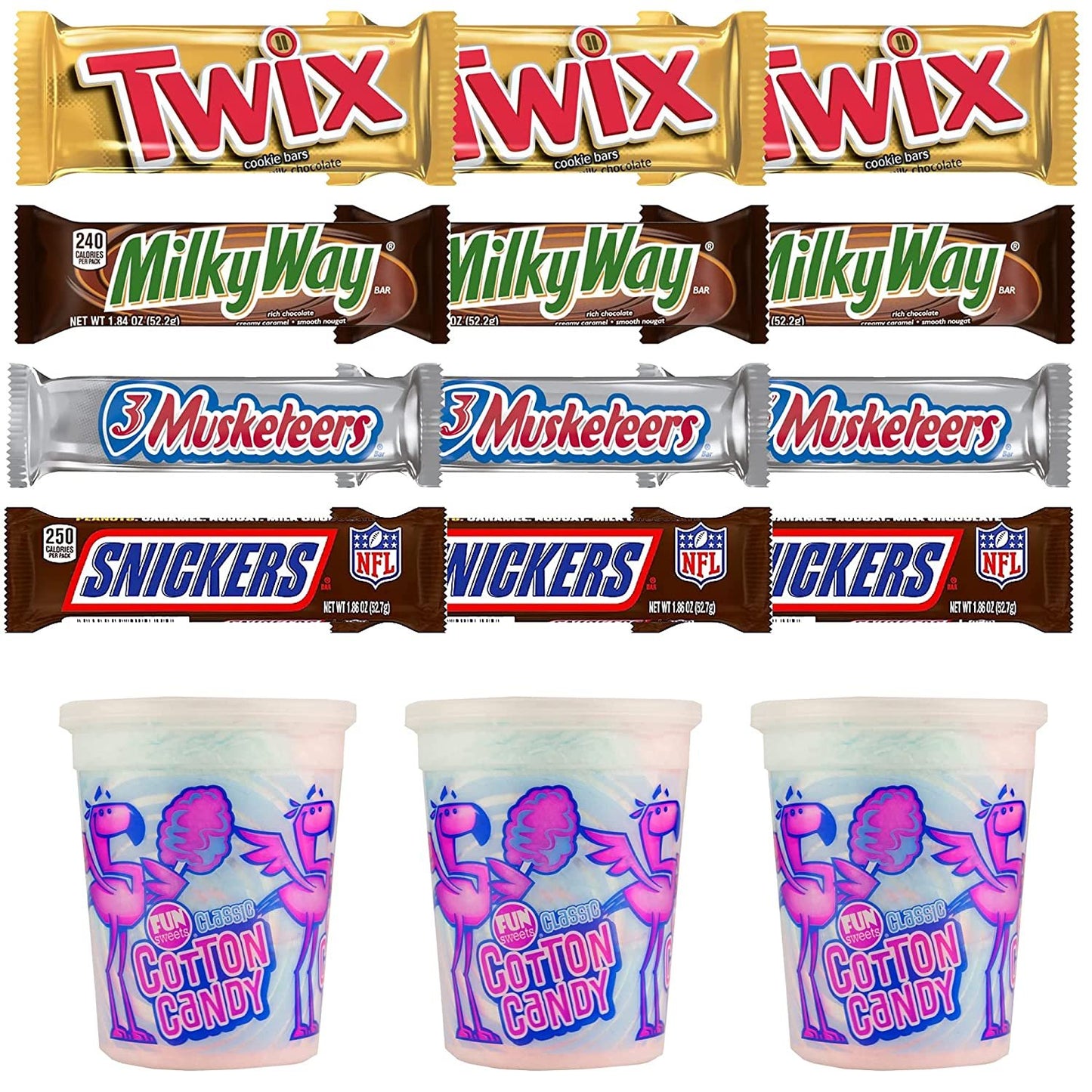 Cotton Candy, SNICKERS, TWIX, MILKY WAY & 3 MUSKETEERS Individually Wrapped Variety Pack Full Size Milk Chocolate Candy Bars Bulk Assortment, 15 Bars