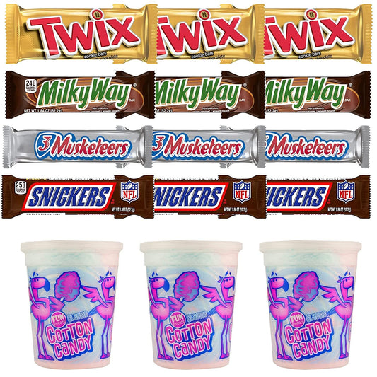 Cotton Candy, SNICKERS, TWIX, MILKY WAY & 3 MUSKETEERS Individually Wrapped Variety Pack Full Size Milk Chocolate Candy Bars Bulk Assortment, 15 Bars
