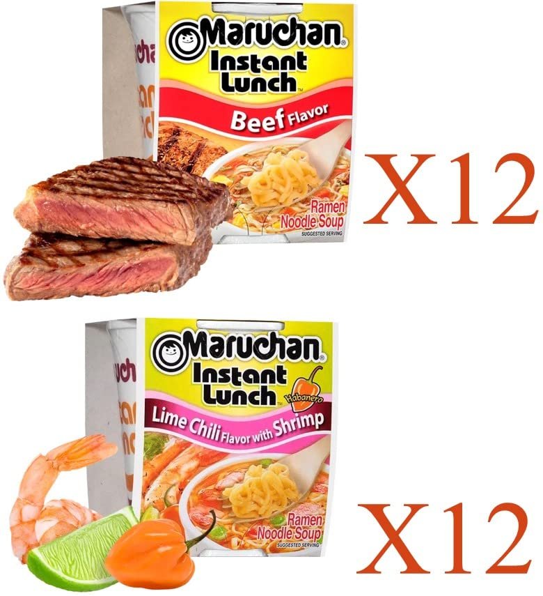 Maruchan Ramen Instant Cup Noodles 24 Count - 12 Beef Flavor & 12 Lime Chili Chicken Flavor Lunch / Dinner Variety, 2 Flavors