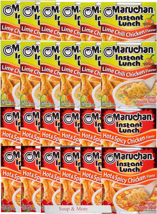 Maruchan Ramen Instant Cup Noodles 24 Count - 12 Lime Chili Chicken Flavor & 12 Hot & Spicy Chicken Flavor Lunch / Dinner Variety, 2 Flavors