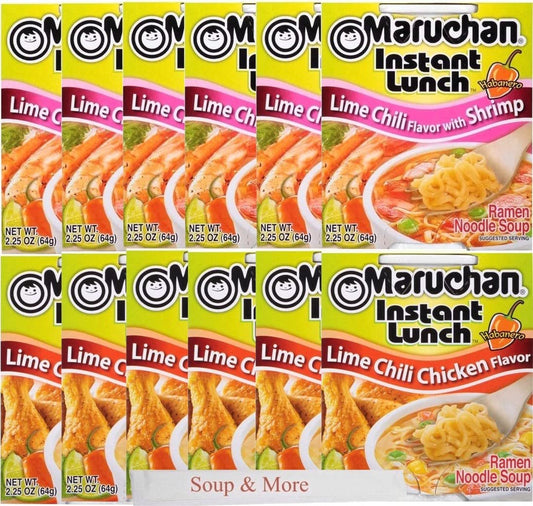 Maruchan Ramen Instant Cup Noodles 12 Count - 6 Lime Chili Chicken Flavor & 6 Lime Chili Shrimp Flavor Lunch / Dinner Variety, 2 Flavors