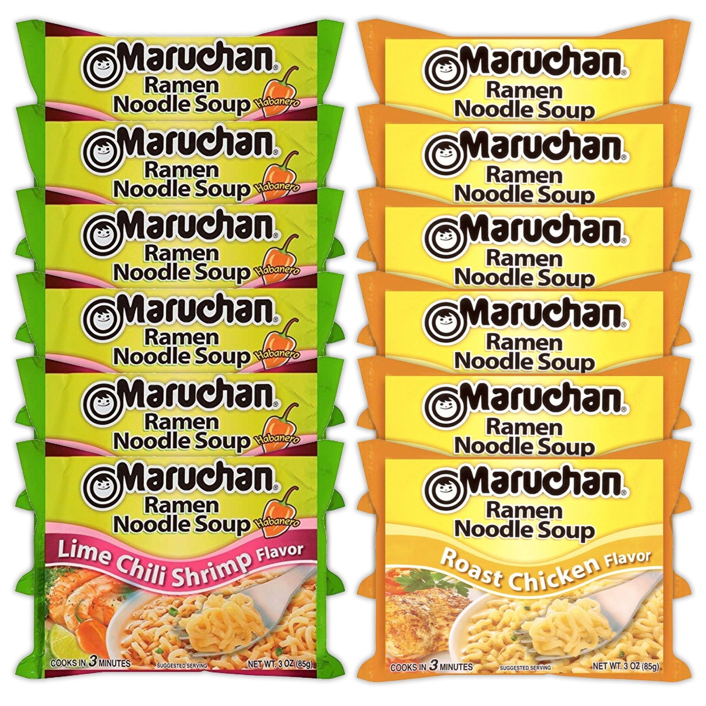Maruchan Ramen Instant Noodle Soup Variety, 2 Flavors - 6 Packs Lime Chili Shrimp & 6 Packs Roast Chicken , 3 Ounce Single Servings Lunch / Dinner Variety