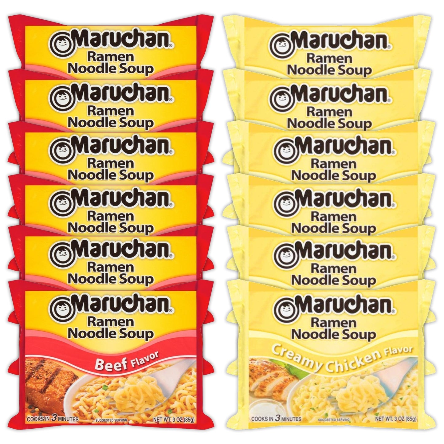 Maruchan Ramen Instant Noodle Soup Variety, 2 Flavors - 6 Packs Beef & 6 Packs Creamy Chicken , 3 Ounce Single Servings Lunch / Dinner Variety