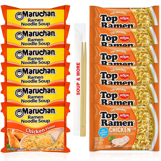 Maruchan Ramen Instant Chicken Soup 6 Noodles Packs & 6 Nissin Packs Chicken Noodles Flavor Lunch / Dinner Variety, 12 Count, 2 Flavors