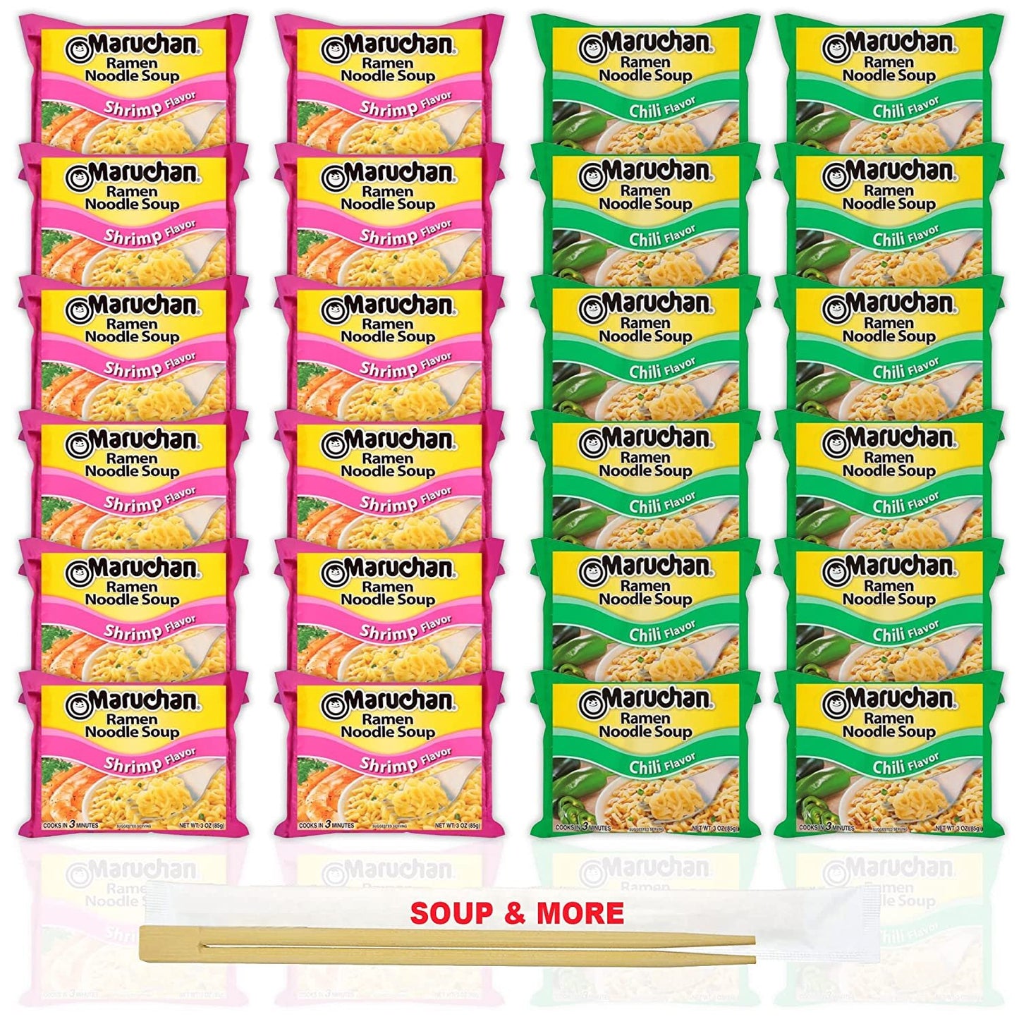 Maruchan Ramen Instant Noodle Soup Variety, 2 Flavors - 12 Packs Chili & 12 Packs Shrimp , 3 Ounce Single Servings Lunch / Dinner Variety