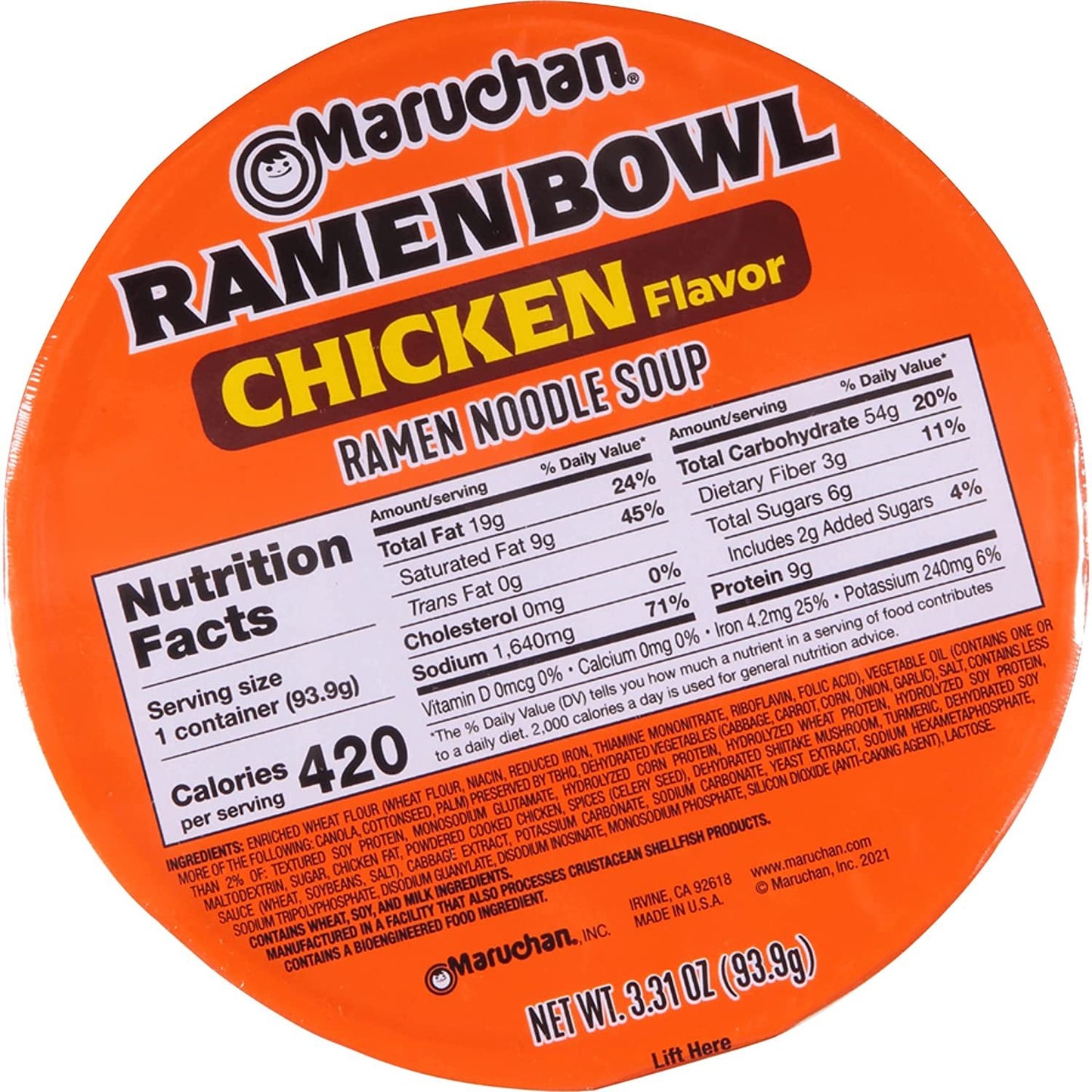 Maruchan Bowl Chicken Flavor Ramen Noodles with Vegetables 3.31 OZ (Pack of 12)