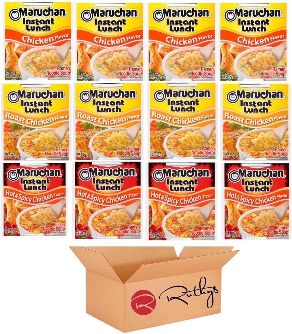 Ruthy's Outlet Ramen Noodle Cup Soup Instant Lunch Variety 12 Count - 9 Flavors -Chicken, Spicy Beef, Chedder cheese, Spicy Chicken, Lime chili Shrimp
