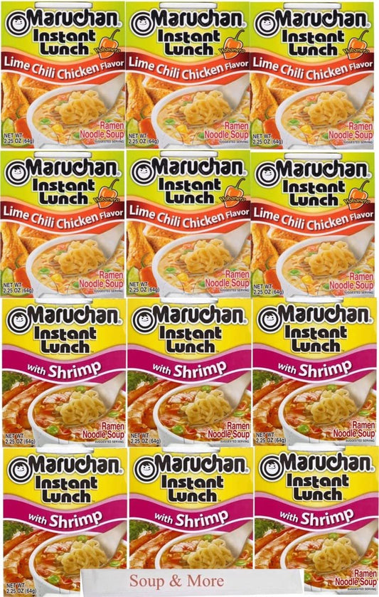 Maruchan Ramen Instant Cup Noodles 12 Count - 6 Shrimp Flavor & 6 Lime Chili Chicken Flavor Lunch / Dinner Variety, 2 Flavors