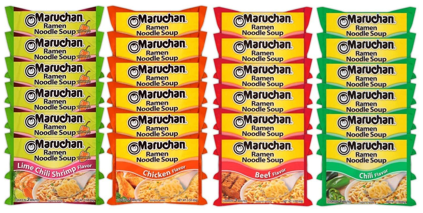 Maruchan Ramen Instant Noodle Soup Variety Mix 24 Packs, 4 Flavors - 6 Pack Beef, 6 Pack Lime Chili Shrimp, 6 Pack Chilli, 6 Pack Chicken Lunch / Dinner Variety