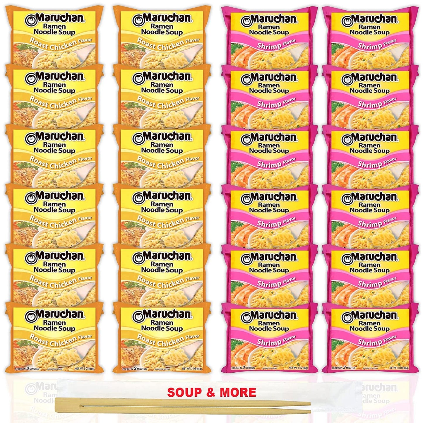 Maruchan Ramen Instant Noodle Soup Variety, 2 Flavors - 12 Packs Roast Chicken & 12 Packs Shrimp , 3 Ounce Single Servings Lunch / Dinner Variety