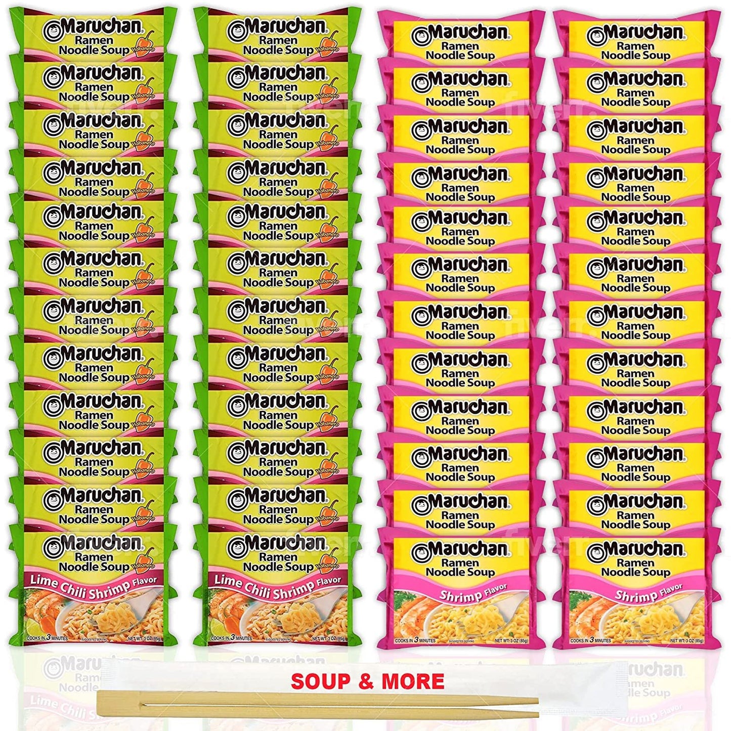 Maruchan Ramen Instant Noodle Soup Variety, 2 Flavors - 24 Packs Lime Chili Shrimp & 24 Packs Shrimp , 3 Ounce Single Servings Lunch / Dinner Variety