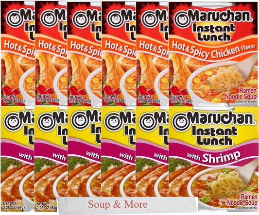 Maruchan Ramen Instant Cup Noodles 12 Count - 6 Shrimp Flavor & 6 Hot & Spicy Chicken Flavor Lunch / Dinner Variety, 2 Flavors