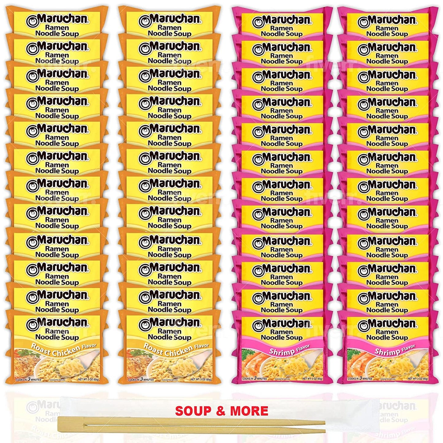 Maruchan Ramen Instant Noodle Soup Variety, 2 Flavors - 24 Packs Roast Chicken & 24 Packs Shrimp , 3 Ounce Single Servings Lunch / Dinner Variety