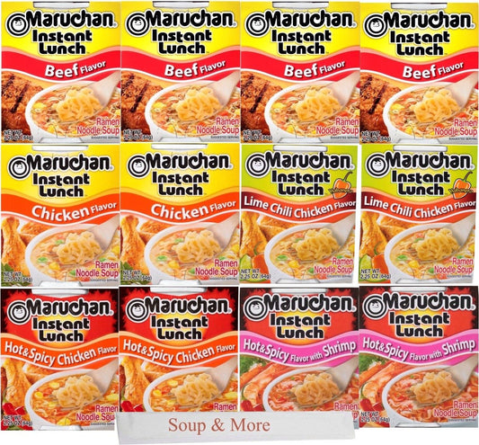Maruchan Ramen Cup Noodles Instant 12 Count - 4 Beef, 2 Chicken, 2 Hot & Spicy Shrimp, 2 Hot & Spicy chicken & 2 Lime Chili Chicken Lunch / Dinner Variety, 5 Flavors