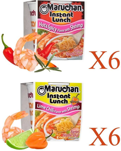 Maruchan Ramen Instant Cup Noodles 12 Count - 6 Hot & Spicy Shrimp Flavor & 6 Lime Chili Shrimp Flavor Lunch / Dinner Variety, 2 Flavors