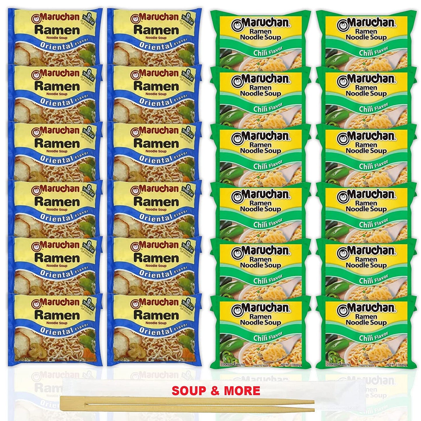 Maruchan Ramen Instant Noodle Soup Variety, 2 Flavors - 12 Packs Oriental & 12 Packs Chili , 3 Ounce Single Servings Lunch / Dinner Variety