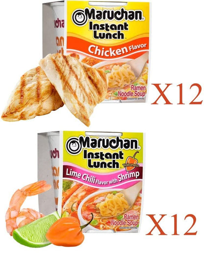 Maruchan Ramen Instant Cup Noodles 24 Count - 12 Chicken Flavor & 12 Lime Chili Shrimp Flavor Lunch / Dinner Variety, 2 Flavors