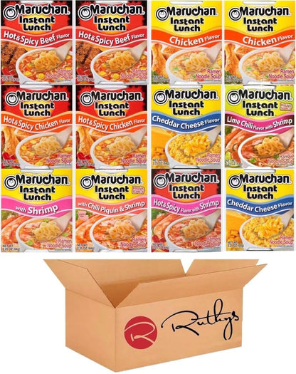 Ruthy's Outlet Ramen Noodle Cup Soup Instant Lunch Variety 12 Count - 9 Flavors -Chicken, Spicy Beef, Chedder cheese, Spicy Chicken, Lime chili Shrimp
