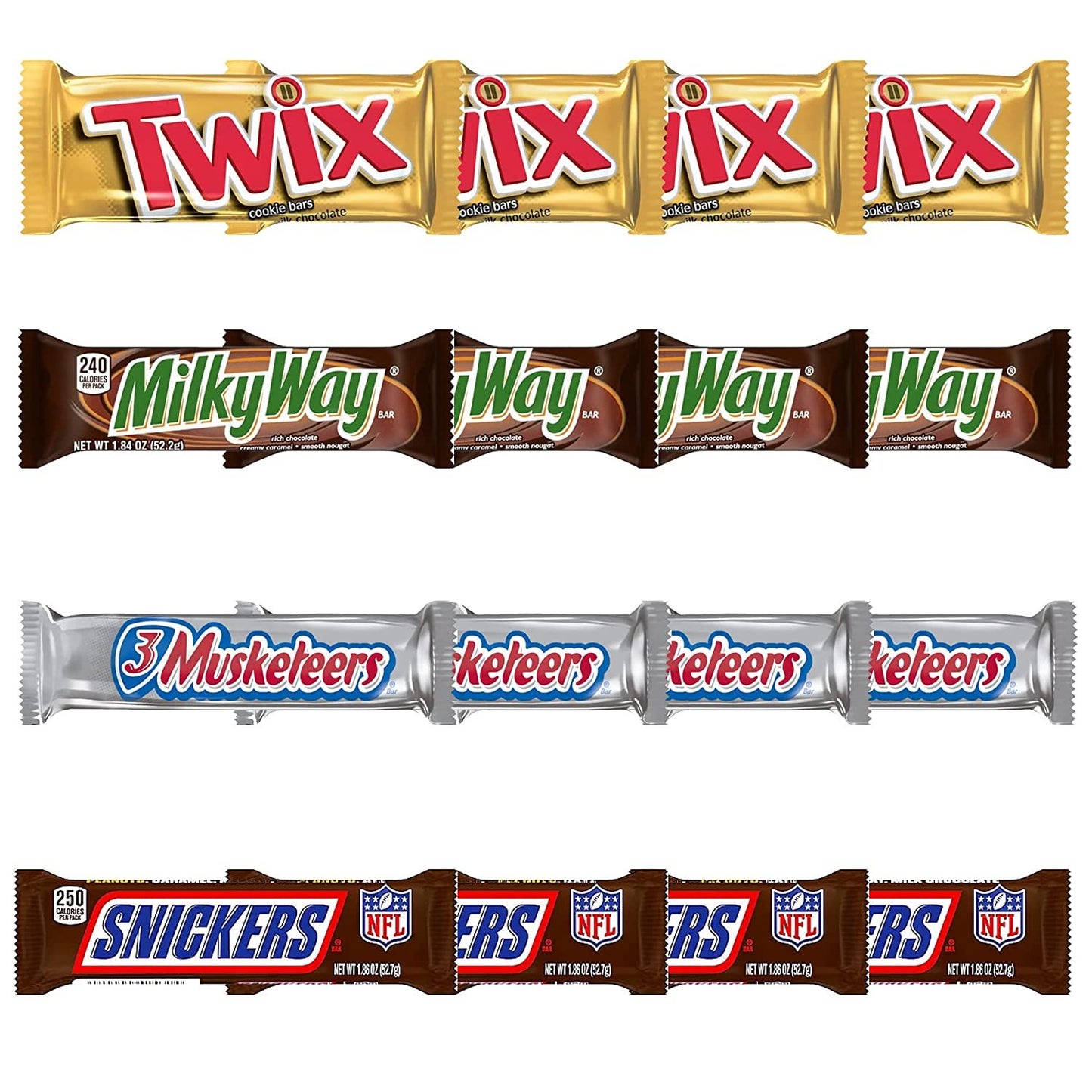 SNICKERS, TWIX, MILKY WAY & 3 MUSKETEERS Individually Wrapped Variety Pack Full Size Milk Chocolate Candy Bars Bulk Assortment, 16 Bars