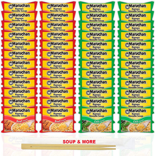 Maruchan Ramen Instant Noodle Soup Variety, 2 Flavors - 24 Packs Beef & 24 Packs Chili , 3 Ounce Single Servings Lunch / Dinner Variety